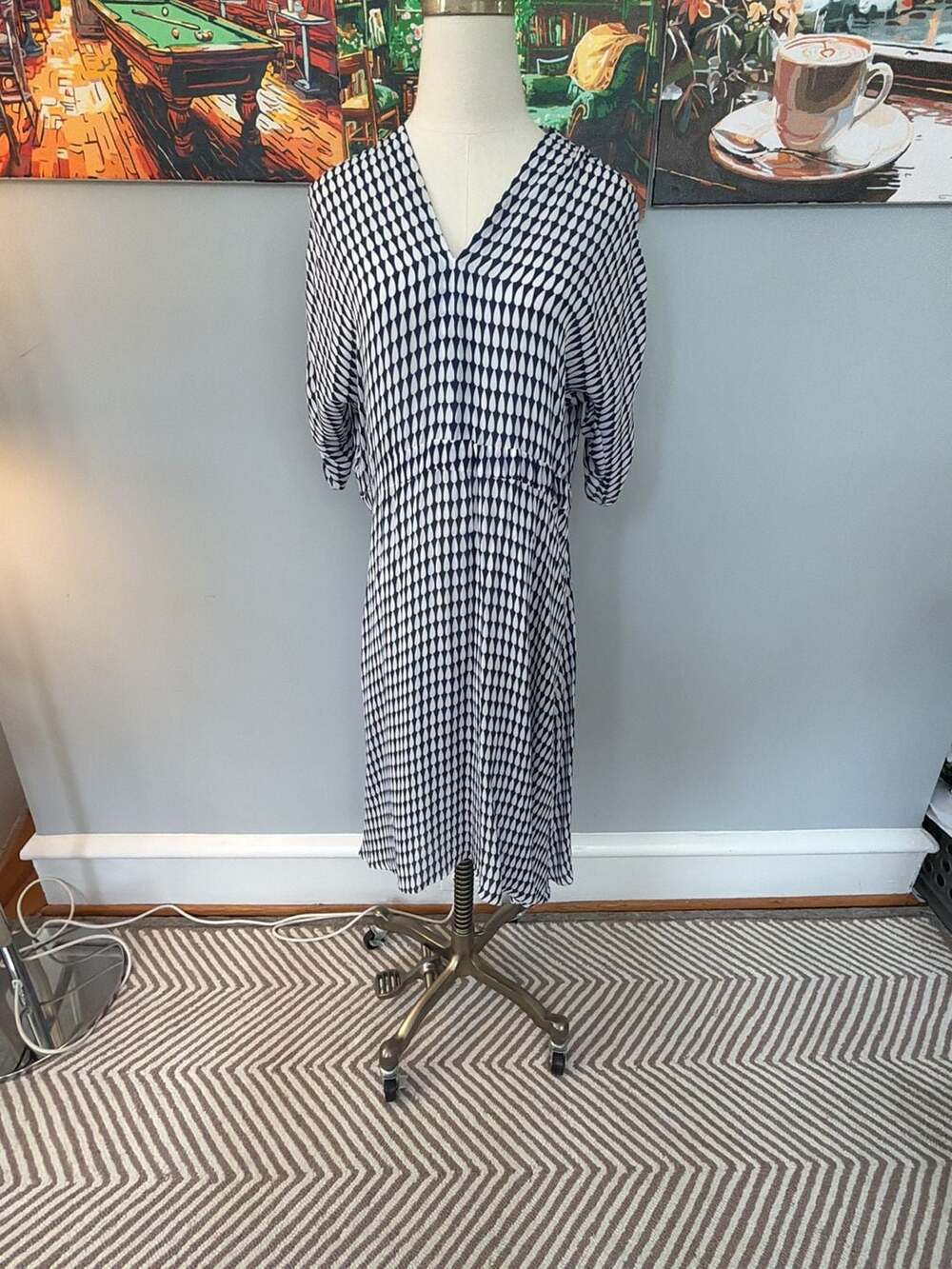 Tucker Blue and White Patterned Midi Dress with V-Neck and Half Sleeves